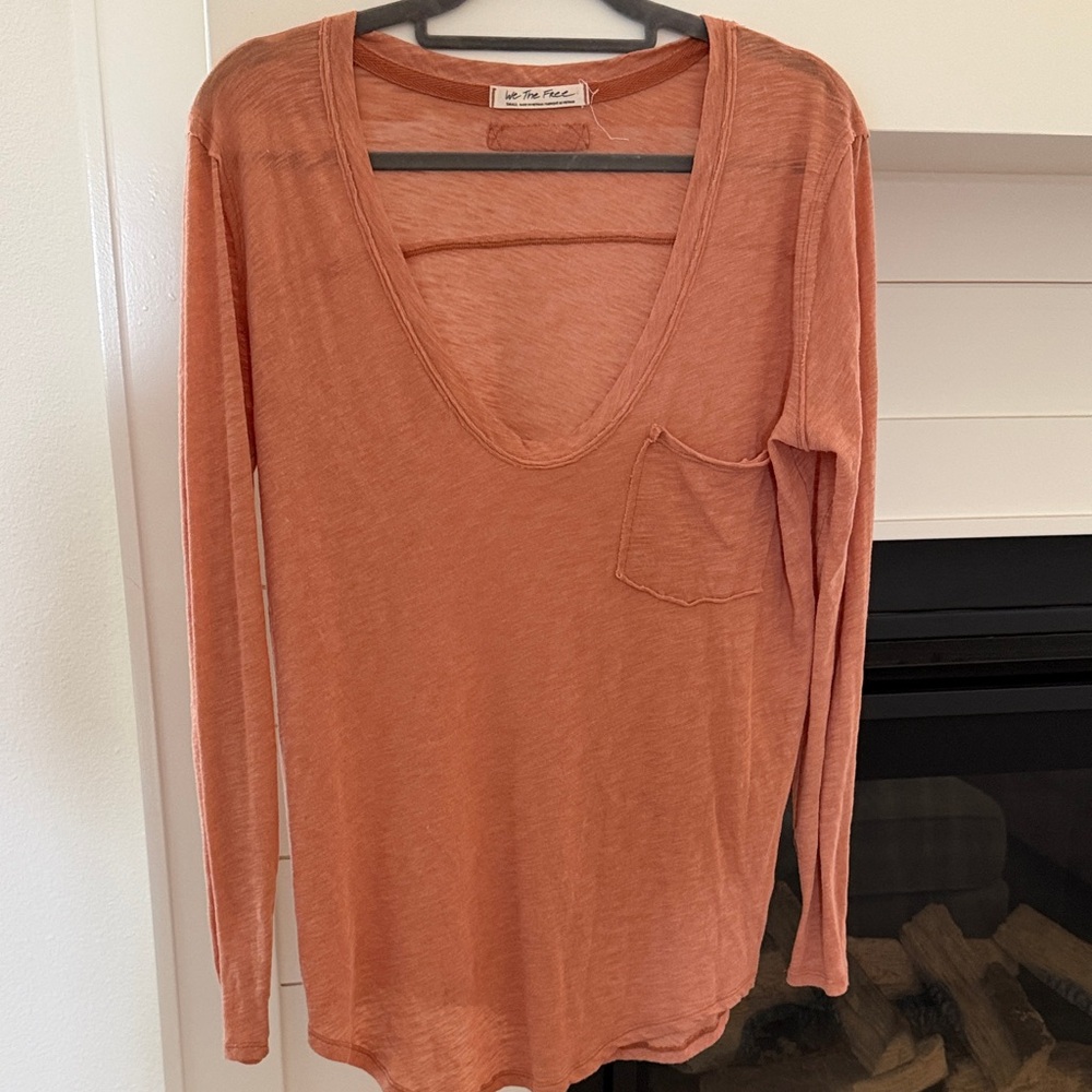 We The Free Long Sleeve Scoop Neck Pocket Tee - Terracotta